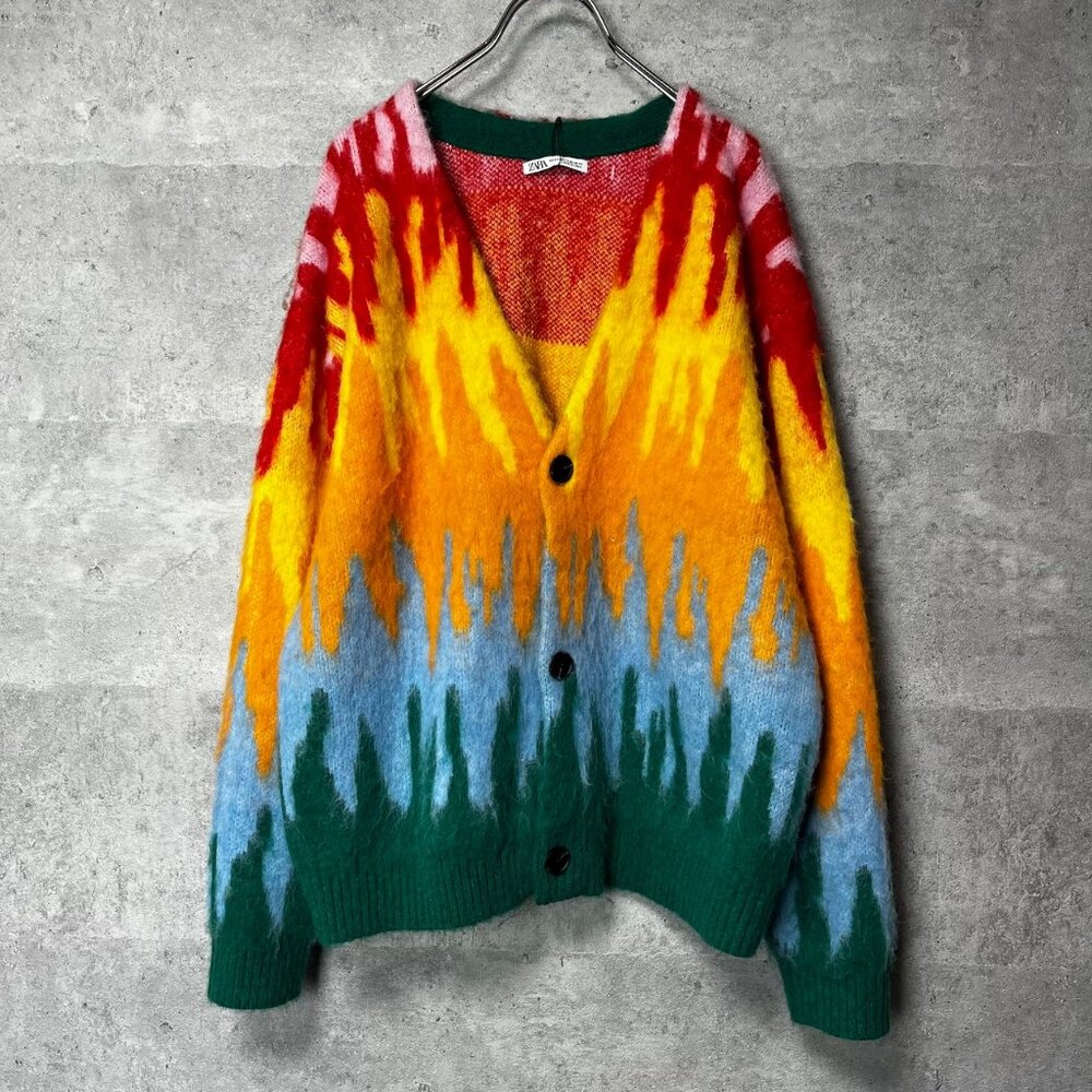 ZARA V-Neck Brushed Shag Cardigan, Vibrant Multicolor All-Over Print, Sz S-M - Picture 4 of 11
